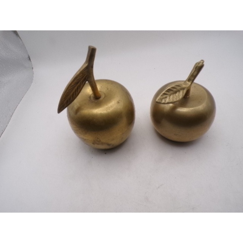 Vintage Brass Apple Paperweight Set 2 Piece‎ Gold Fruit Home Office Decor MCM